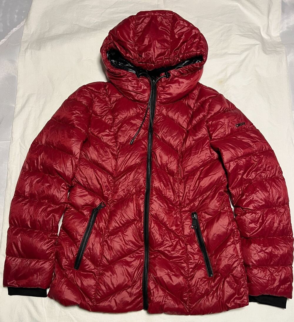 DKNY Women Mixed Red Media Hooded Puffer Jacket Medium